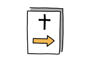 Einfache Zeichnung eines Dokuments mit einem schwarzen Kreuz und einem fetten orangen Pfeil, der nach rechts weist
