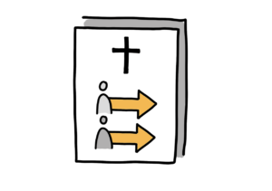 Einfache Zeichnung eines Dokuments mit einem schwarzen Kreuz und zwei Strichfiguren, von denen aus jeweils ein fetter oranger Pfeil nach rechts weist
