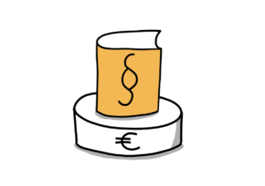 Einfache Zeichnung eines tortenähnlichen Objekts mit Eurozeichen, auf dem ein oranges Buch mit Paragrafenzeichen steht