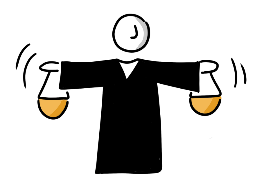 Einfache Zeichnung einer Strichfigur in schwarzer Robe, die an den ausgestreckten Armen zwei orange Waagschalen hält