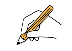 Einfache Zeichnung einer mit einem orangen Bleistift schreibenden Hand