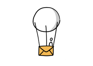 Einfache Zeichnung eines Heißluftballons, dessen oranger Korb das Aussehen eines Briefumschlags hat; im Korb steht eine Strichfigur