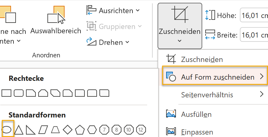 Screenshot PowerPoint: aufgeklapptes Zuschneiden-Menü auf der Registerkarte Bildformat: Markiert ist der Menüpunkt Auf Form zuschneiden und das Oval bei den Standardformen