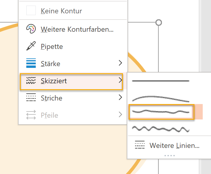 Screenshot PowerPoint: Kontur-Menü mit markiertem Punkt Skizziert und markierter Freihand-Linie