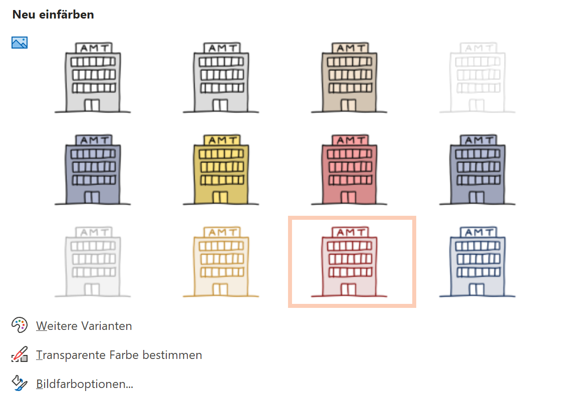 Screenshot PowerPoint: Farbauswahl auf der Registerkarte Bildformat für das handgezeichnete Hochhaus. Markiert ist in der untersten Zeile die Farbvariante mit roter Kontur, hellroter Hauswand und weißen Fensterflächen.