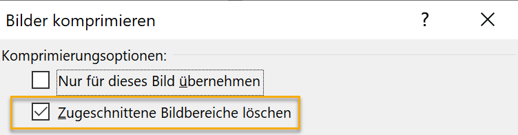 Screenshot PowerPoint: Ausschnitt des Dialogfeldes Bilder komprimieren, in dem der Punkt zugeschnittene Bildbereiche löschen mit einem Haken versehen und markiert ist