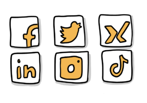 Einfache Zeichnung der Logos von sechs sozialen Netzwerken in Quadraten