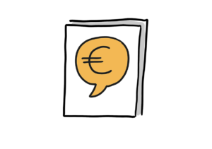 Einfache Zeichnung eines Dokuments, auf dem eine orange Sprechblase mit einem Eurozeichen platziert ist