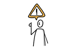 Einfache Zeichnung einer Figur, die warnend den Zeigefinger hebt und der eine Sprechblase in Form eines Warndreiecks mit orangem Rand zugeordnet ist, in dem sich ein schwarzes Ausrufezeichen befindet