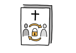 Einfache Zeichnung eines Dokuments mit einem schwarzen Kreuz und zwei Figuren in unterschiedlichen Grautönen, die durch dicke Pfeile in beide Richtungen miteinander verbunden sind; zwischen den Pfeilen befindet sich ein oranges geschlossenes Vorhängeschloss