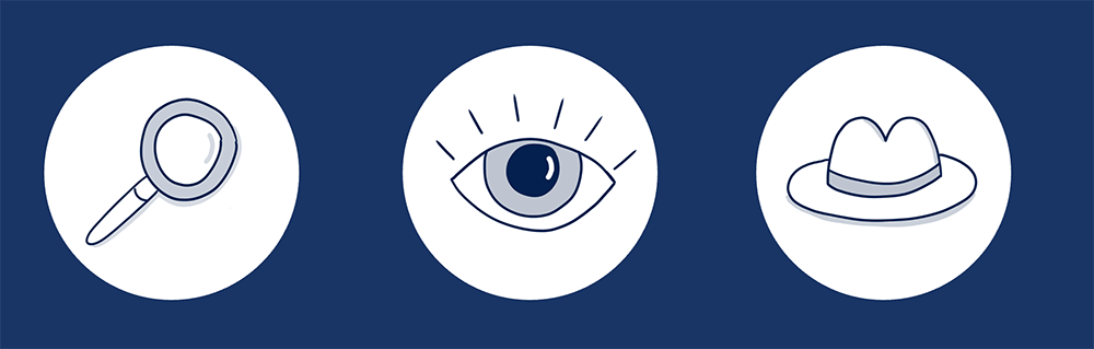 blaue Fläche mit drei weißen Punkten: darin jeweils eine einfache blau eingefärbte Zeichnung: Lupe, Auge und Hut