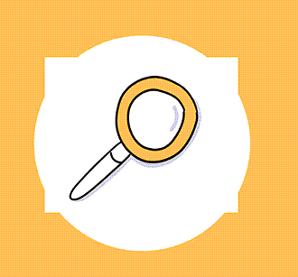 Einfache Zeichnung einer Lupe mit weißem Hintergrund auf einem weißen Kreis, der auf einer orangen Fläche platziert ist: Die Ecken der Bilddatei mit der Zeichnung ragen über den Kreis hinaus
