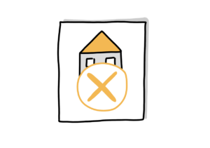 Einfache Zeichnung eines Blattes mit einem Haus, über dem ein oranger Kreis mit einem Kreuz liegt