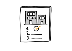 Einfache Zeichnung eines Blattes mit zwei Häusern, darunter eine Liste mit drei Punkten; hinter dem ersten Punkt befindet sich ein oranger Haken in einem Kreis, hinter den anderen beiden Punkten eine schwarze Linie