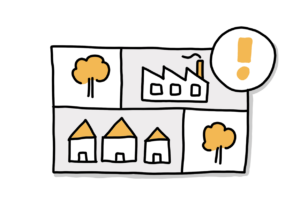 Einfache Zeichnung eines in vier Rechtecke geteilten Blattes; in zwei Rechtecken sind Bäume zu sehen, in einem drei Wohnhäuser und einem eine Fabrik; in der rechten oberen Ecke befindet sich über dem Blatt ein Kreis mit einem orangen Ausrufezeichen