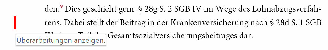 Drei Textzeilen mit einem senkrechten roten Balken am Rand, in dessen Quickinfo-Text Überarbeitungen anzeigen steht