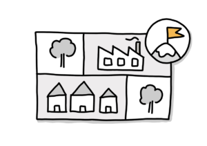 Einfache Zeichnung eines in vier Rechtecke geteilten Blattes; in zwei Rechtecken sind Bäume zu sehen, in einem drei Wohnhäuser und einem eine Fabrik; in der rechten oberen Ecke befindet sich über dem Blatt ein Kreis mit einem Berggipfel, auf dem eine orange Fahne weht