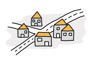 Einfache Zeichnung von fünf Wohnhäusern an einer Straße
