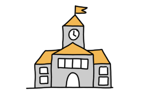Einfache Zeichnung eines imposanten grauen Gebäudes mit einem Portal und einem Turm mit Uhr, auf dem eine Fahne weht