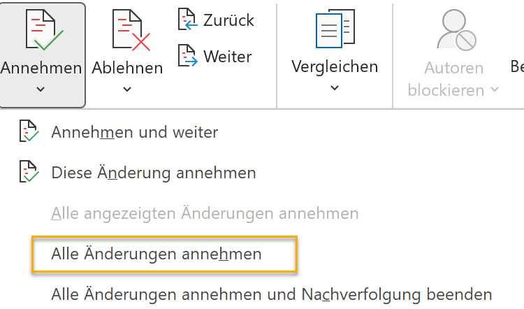 Screenshot Word: aufgeklapptes Menü beim Schalter Annehmen in der Gruppe Änderungen auf der Registerkarte Überprüfen; markiert ist der Punkt Alle Änderungen annehmen