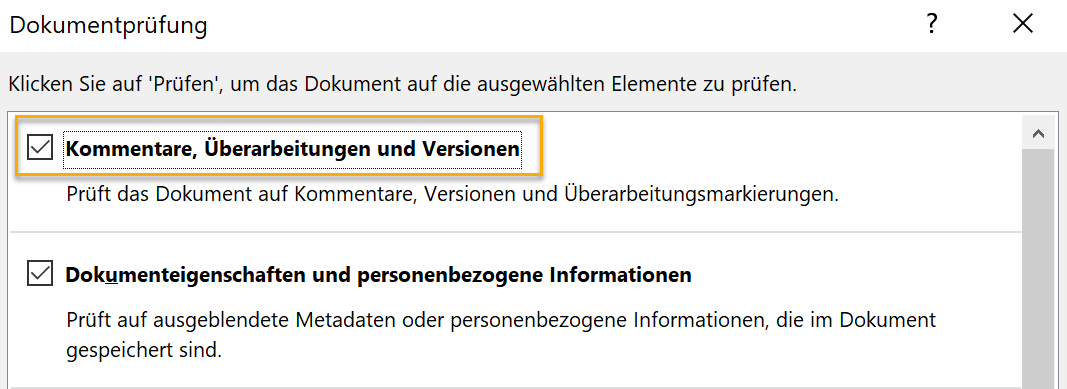 Screenshot Word: Oberer Teil des Dialogfelds Dokumentprüfung mit markiertem ersten Punkt Kommentare, Überarbeitungen und Versionen