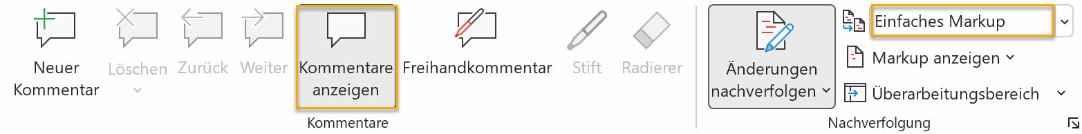 Screenshot Word: Ausschnitt der Registerkarte Überprüfen; Markiert ist die Einstellung Einfaches Markup in der Gruppe Nachverfolgung und Kommentare anzeigen in der Gruppe Kommentare
