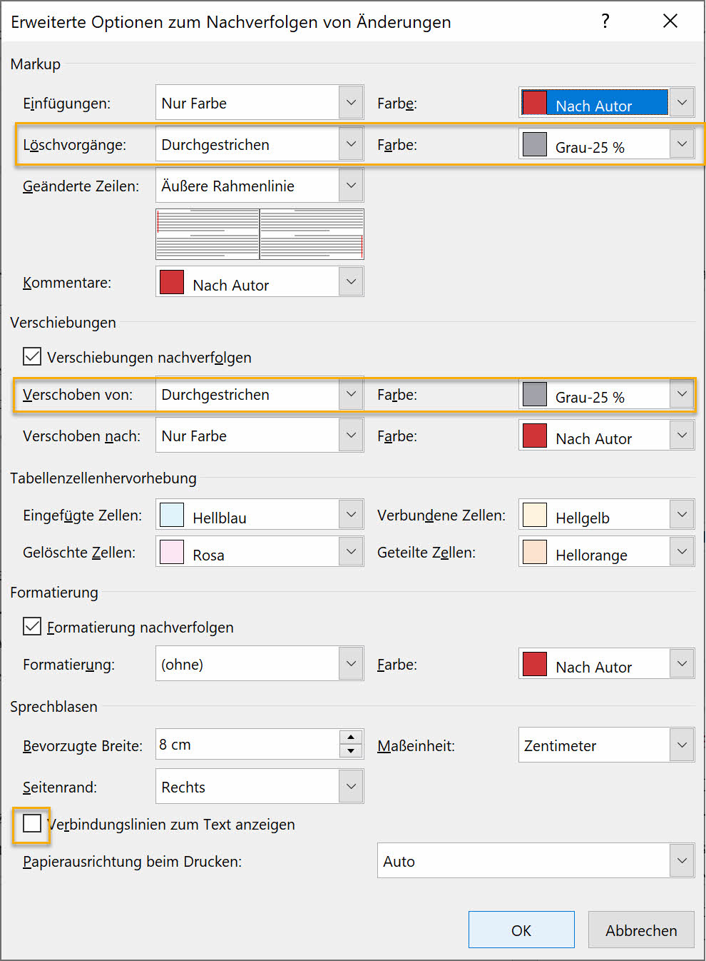 Screenshot Word: Dialogfeld Erweiterte Optionen zum Nachverfolgen von Änderungen; markiert sind die Einstellungen Löschvorgänge Durchgestrichen und Farbe Grau 25%, Verschoben von Durchgestrichen und Farbe Grau 25% sowie das entferne Häkchen bei Verbindungslinien zum Text anzeigen ganz unten