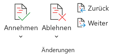 Screenshot Word: Gruppe Änderungen auf der Registerkarte Überprüfen mit den Schaltern Annehmen, Ablehnen, Zurück und Weiter