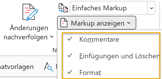 Screenshot Word: Aufgeklapptes Menü bei Markup anzeigen auf der Registerkarte Überprüfen