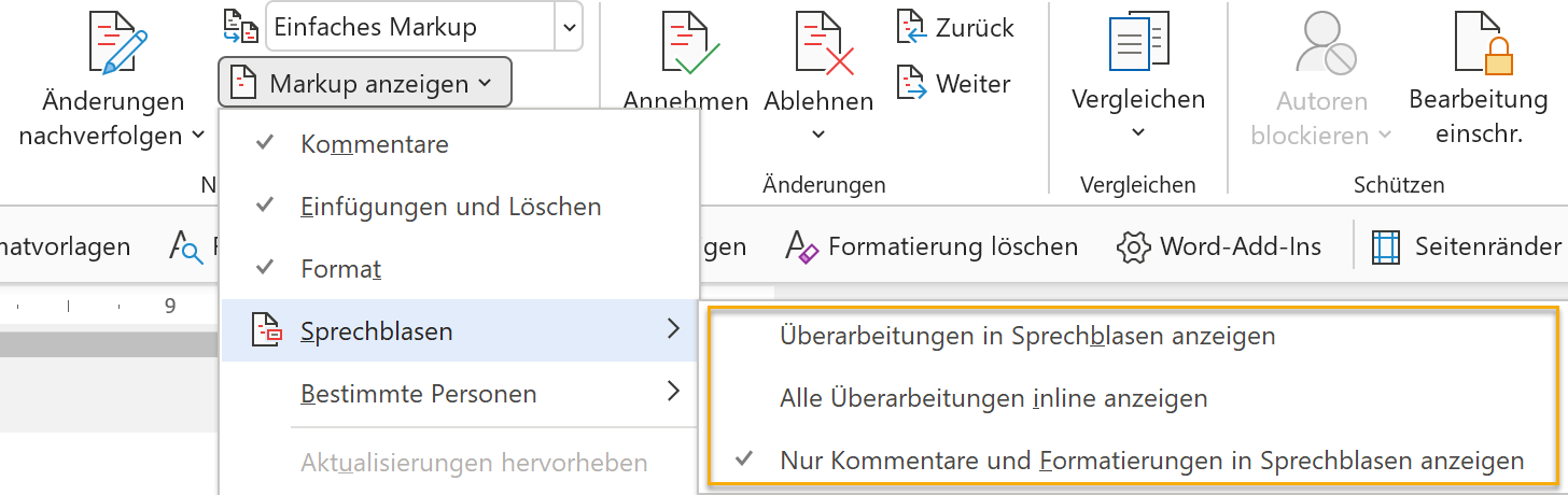 Screenshot Word: Aufgeklapptes Menü bei Markup anzeigen > Sprechblasen auf der Registerkarte Überprüfen; ausgewählt ist der Punkt Nur Kommentare und Formatierungen in Sprechblasen anzeigen