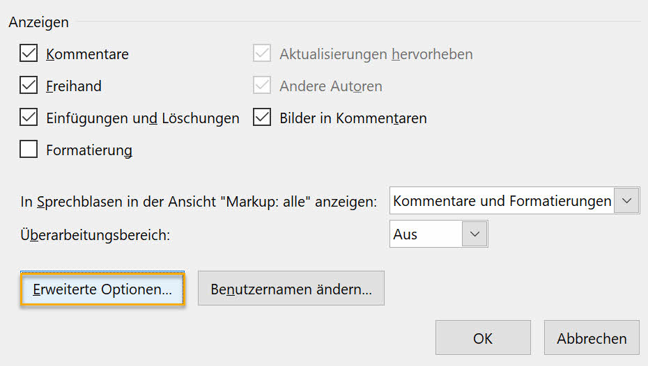 Screenshot Word: Dialogfeld Optionen zum Nachverfolgen von Änderungen; markiert ist der Schalter Erweiterte Optionen