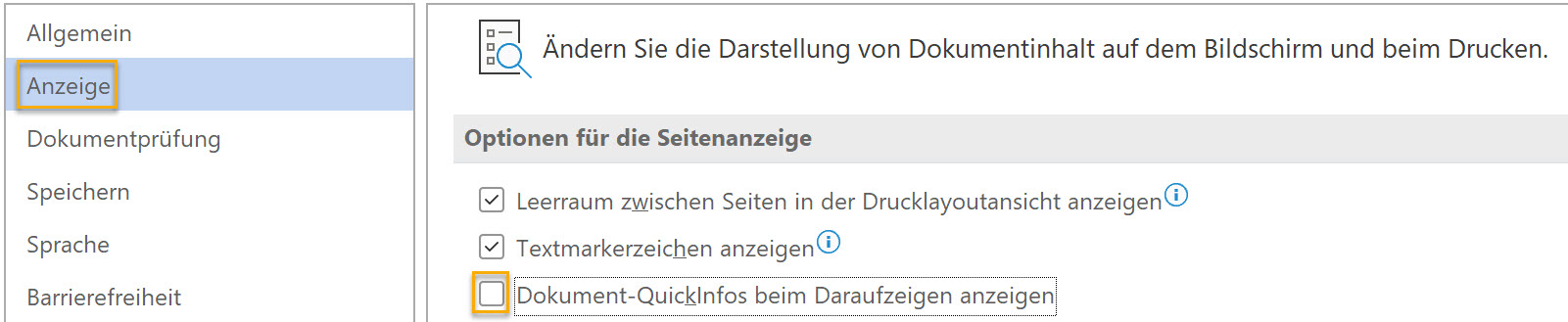 Screenshot Word: Word-Optionen > Anzeige, markiert ist das entferne Häkchen bei Dokument-Quickinfos beim Daraufzeigen anzeigen