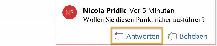 Screenshot eines Kommentars in Word mit markiertem Punkt Antworten in der Sprechblase