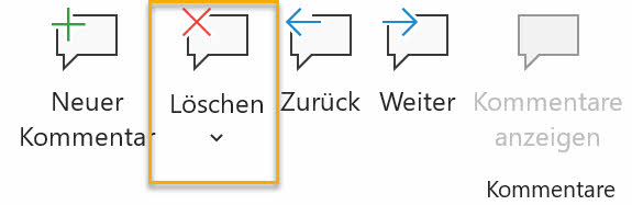 Screenshot Word: Ausschnitt der Gruppe Kommentare auf der Registerkarte Überprüfen; markiert ist der Menüpunkt Löschen.