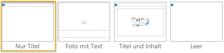 Screenshot PowerPoint: Vier Folienlayouts der Ausgangspräsentation, markiert ist das Layout mit dem Namen Nur Titel