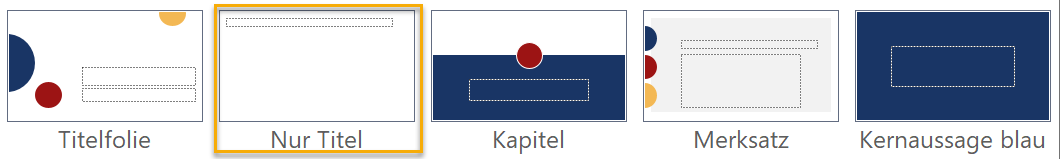 Screenshot PowerPoint: Fünf Folienlayouts der Zielpräsentation, markiert ist das Layout mit dem Namen Nur Titel
