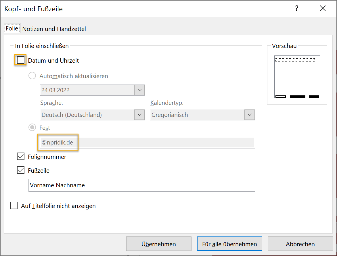 Screenshot PowerPoint: Dialogfeld Kopf- und Fußzeile; markiert ist das leere Kästchen vor Datum und Uhrzeit und ausgegraute Urhebervermerk npridik.de bei Fest