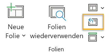 Screenshot PowerPoint: Gruppe Folien auf der Registerkarte Start; markiert ist der Schalter Folienlayout zurücksetzen