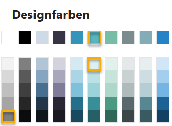 Screenshot PowerPoint: Designfarbpalette der Ausgangspräsentation in Türkistönen; markiert sind drei Farbfelder