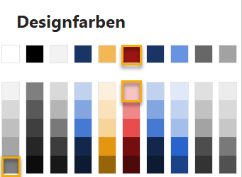 Screenshot PowerPoint: Designfarbpalette der Zielpräsentation mit den Farben Dunkelblau, Rot und Gelb; markiert sind drei Farbfelder an den gleichen Positionen wie in der anderen Palette