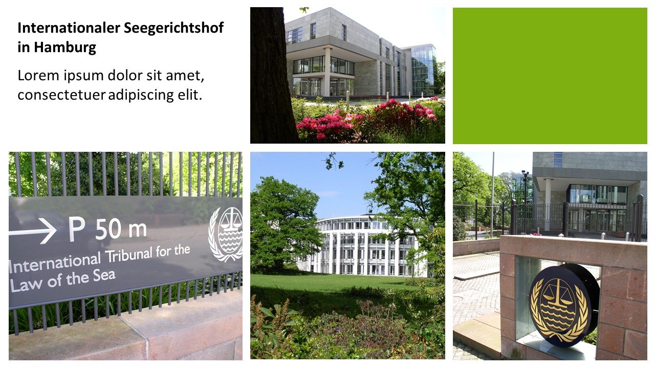 Folie, die in 6 Felder aufgeteilt ist; in vier Feldern befinden sich Fotos vom Internationalen Seegerichtshof in Hamburg, eines ist grün und in einem befindet sich etwas Blindtext