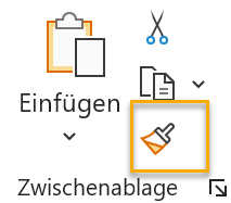 Screenshot PowerPoint: Gruppe Zwischenablage auf der Registerkarte Start mit markiertem gelbem Format-übertragen-Pinsel