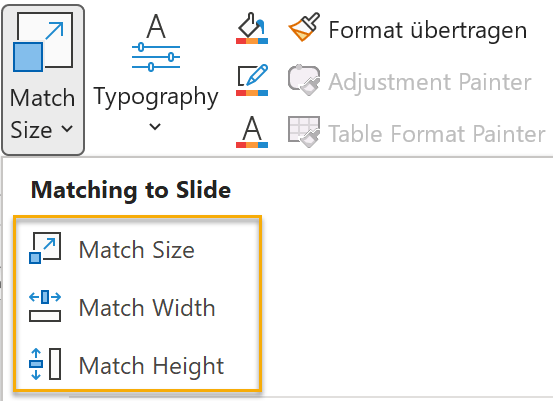 Screenshot PowerPoint-Add-in Bright Slide: Aufgeklapptes Menü beim Symbol Match Size mit den Punkten Match Size, Match Width und Match Height