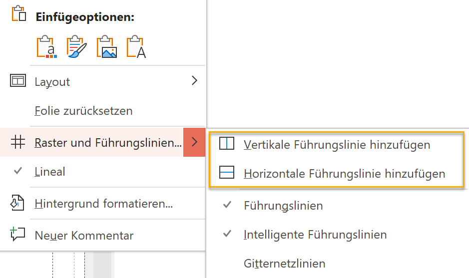 Screenshot PowerPoint: Aufgeklapptes Menü bei Raster und Führungslinien mit den markierten Punkten Vertikale und Horizontale Führungslinie hinzufügen