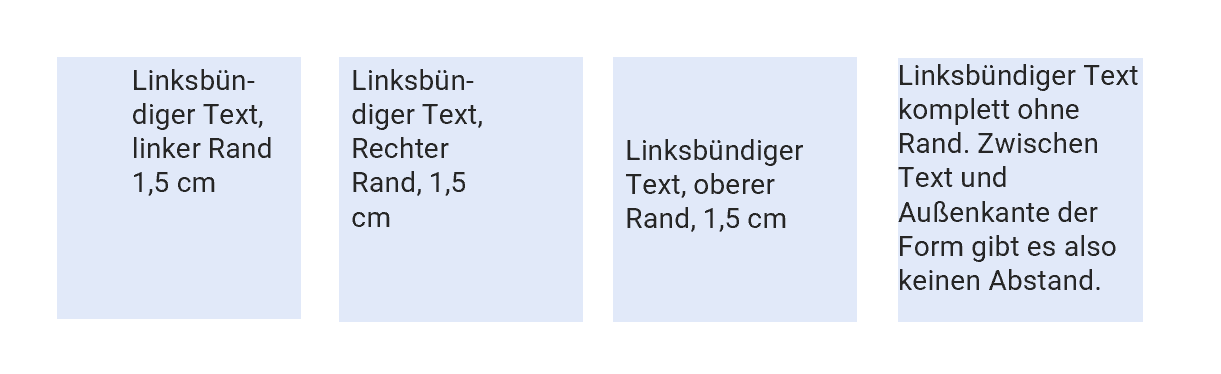 vier Textkästen mit unterschiedlich viel Abstand des Textes zu den Rändern