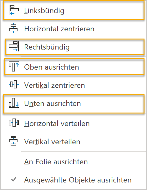 Screenshot PowerPoint: Anordnen-Menü mit vier markierten Punkten, die das Ausrichten an den Kanten ermöglichen