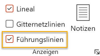 Screenshot PowerPoint: Gruppe Anzeigen auf der Registerkarte Ansicht, markiert ist der Punkt Führungslinien