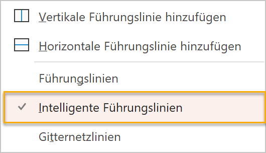 Intelligente Führungslinien aktivieren Screenshot PowerPoint: Aufgeklapptes Menü bei Raster und Führungslinien mit markiertem Punkt Intelligente Führungslinien