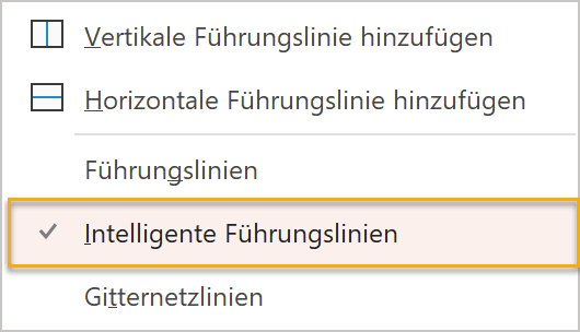 Screenshot PowerPoint: Aufgeklapptes Menü bei Raster und Führungslinien mit markiertem Punkt Intelligente Führungslinien