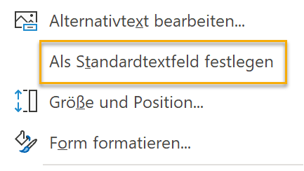 Screenshot PowerPoint, Kontextmenü eines Textfeldes mit markiertem Punkt Als Standardtextfeld festlegen